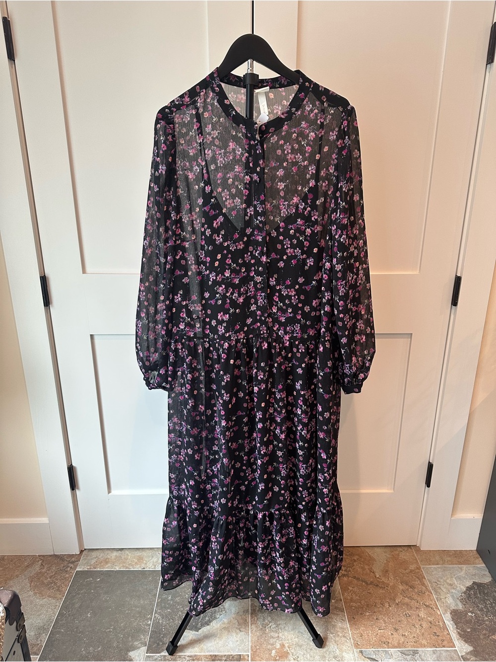 H&M NWT Black Floral Chiffon Maxi Dress Sheer Long Sleeve Romantic Cottagecore